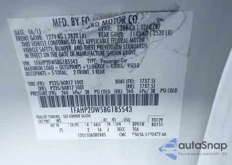 2011 Ford Taurus Se z USA, uszkodzony, nr VIN 1FAHP2DW5BG185543